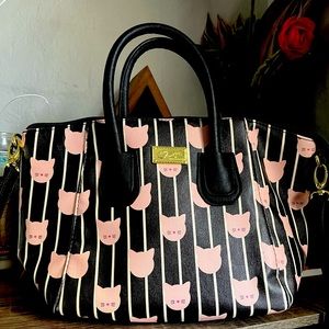 Betsey Johnson: Black and white striped cat print purse
